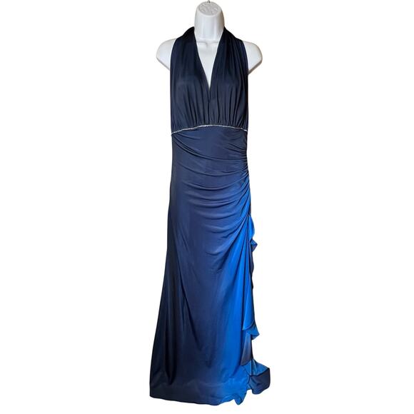 Betsy & Adam Blue Ombré Ruched Halter Gown 14 - Picture 1 of 6